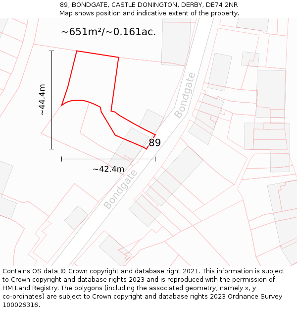 89, BONDGATE, CASTLE DONINGTON, DERBY, DE74 2NR: Plot and title map