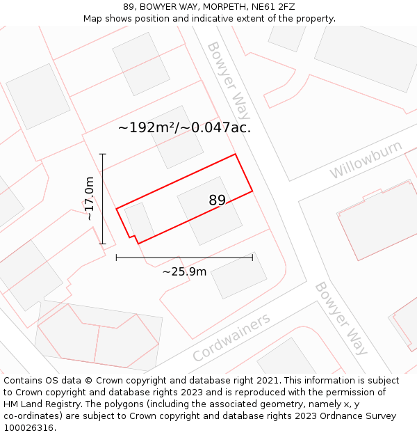 89, BOWYER WAY, MORPETH, NE61 2FZ: Plot and title map