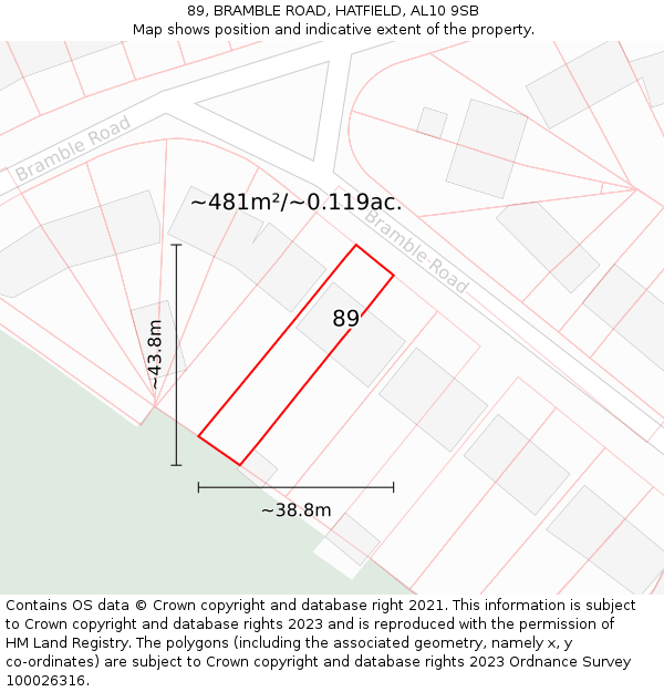 89, BRAMBLE ROAD, HATFIELD, AL10 9SB: Plot and title map