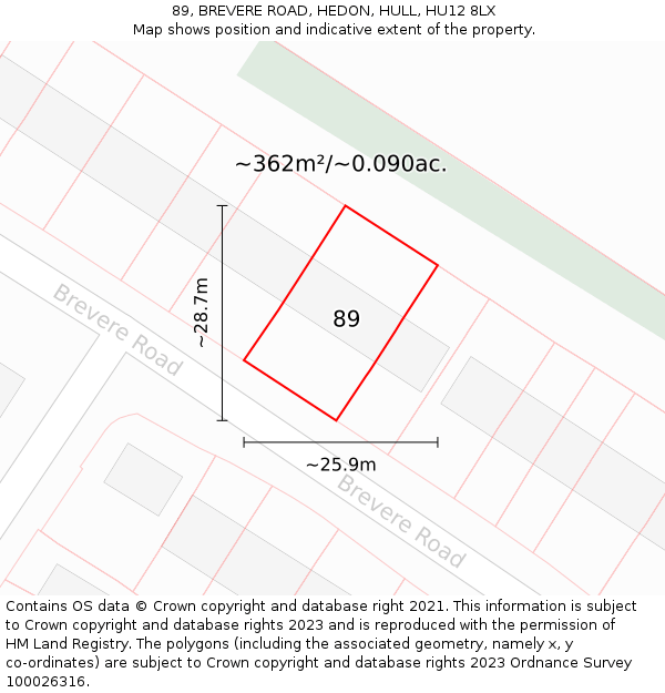 89, BREVERE ROAD, HEDON, HULL, HU12 8LX: Plot and title map