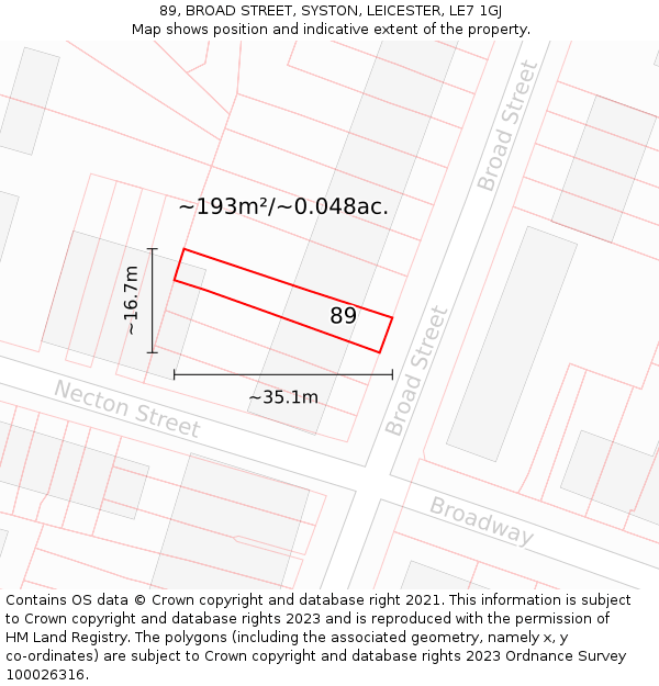 89, BROAD STREET, SYSTON, LEICESTER, LE7 1GJ: Plot and title map