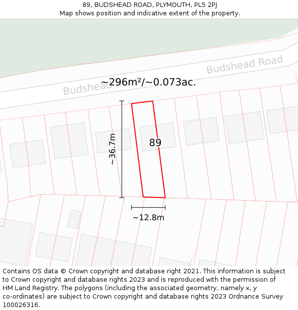 89, BUDSHEAD ROAD, PLYMOUTH, PL5 2PJ: Plot and title map