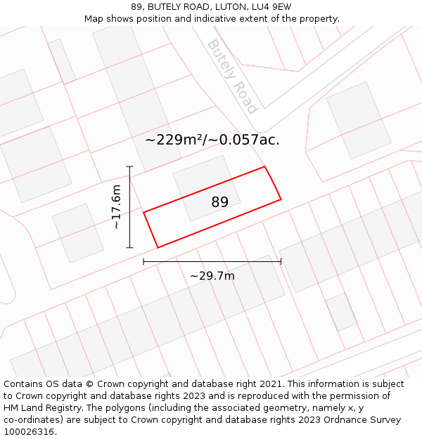 89, BUTELY ROAD, LUTON, LU4 9EW: Plot and title map