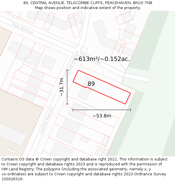 89, CENTRAL AVENUE, TELSCOMBE CLIFFS, PEACEHAVEN, BN10 7NB: Plot and title map