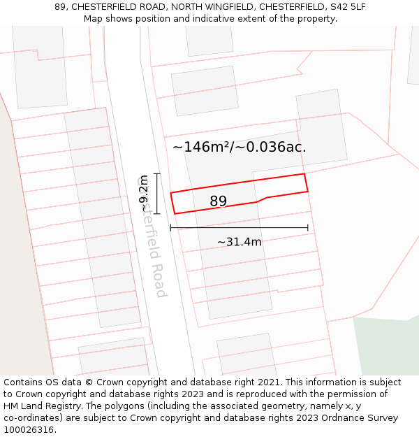 89, CHESTERFIELD ROAD, NORTH WINGFIELD, CHESTERFIELD, S42 5LF: Plot and title map