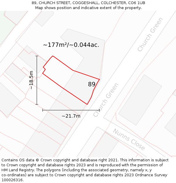 89, CHURCH STREET, COGGESHALL, COLCHESTER, CO6 1UB: Plot and title map