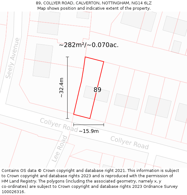 89, COLLYER ROAD, CALVERTON, NOTTINGHAM, NG14 6LZ: Plot and title map