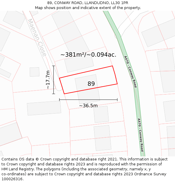 89, CONWAY ROAD, LLANDUDNO, LL30 1PR: Plot and title map