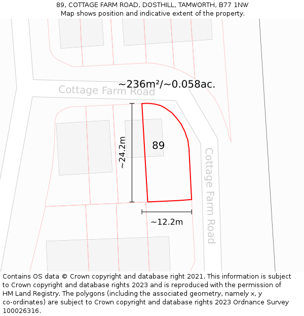 89, COTTAGE FARM ROAD, DOSTHILL, TAMWORTH, B77 1NW: Plot and title map