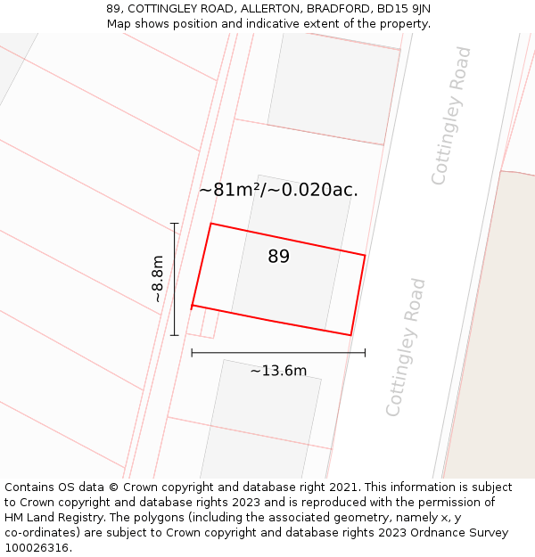 89, COTTINGLEY ROAD, ALLERTON, BRADFORD, BD15 9JN: Plot and title map