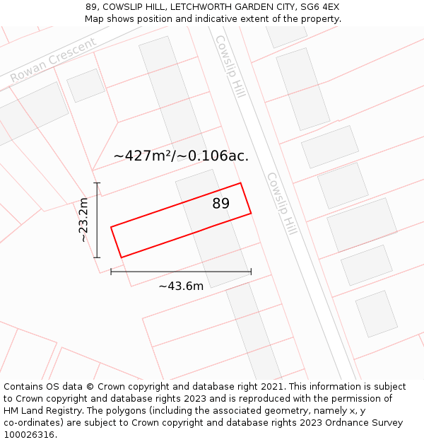 89, COWSLIP HILL, LETCHWORTH GARDEN CITY, SG6 4EX: Plot and title map