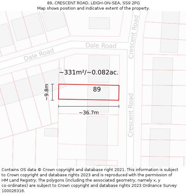 89, CRESCENT ROAD, LEIGH-ON-SEA, SS9 2PG: Plot and title map