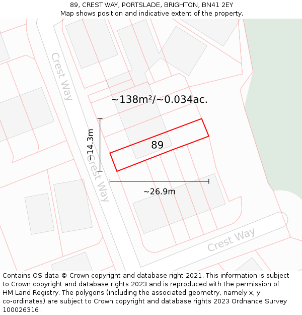 89, CREST WAY, PORTSLADE, BRIGHTON, BN41 2EY: Plot and title map