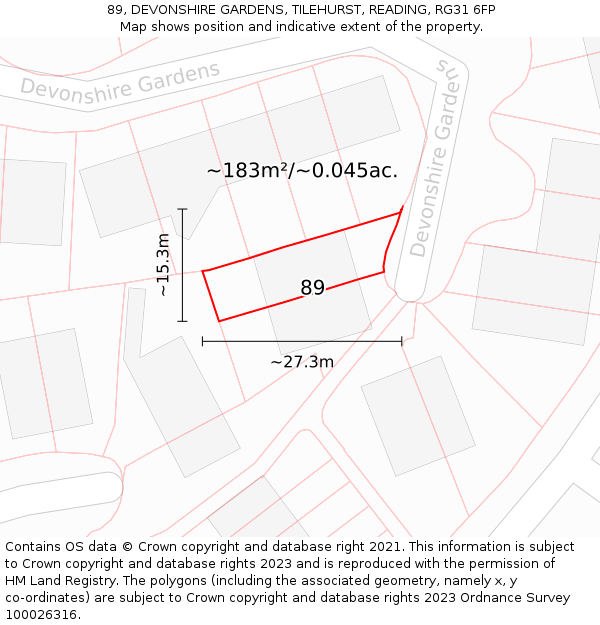 89, DEVONSHIRE GARDENS, TILEHURST, READING, RG31 6FP: Plot and title map