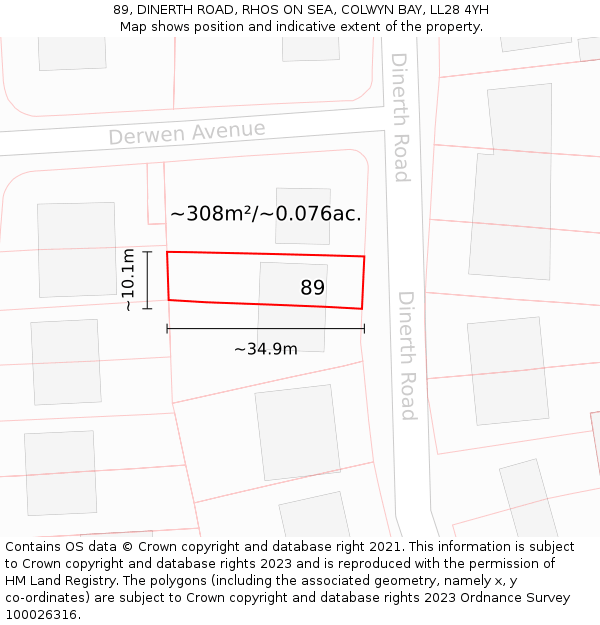 89, DINERTH ROAD, RHOS ON SEA, COLWYN BAY, LL28 4YH: Plot and title map