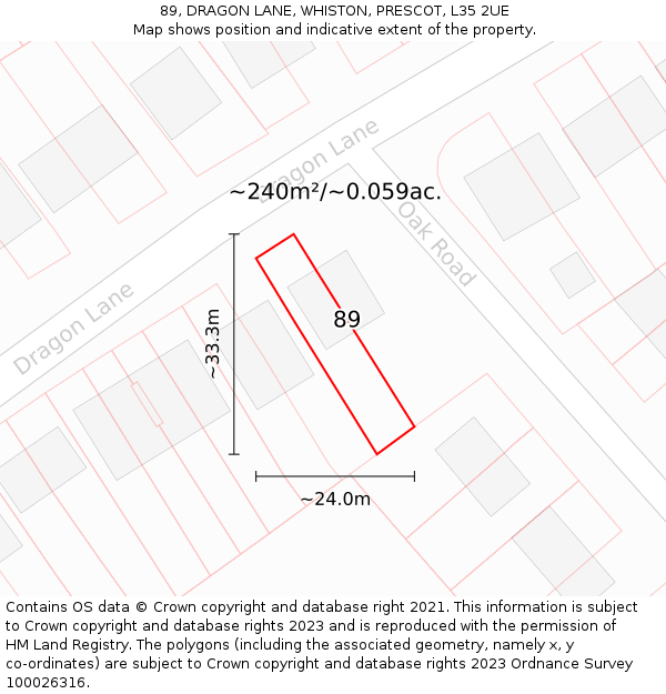 89, DRAGON LANE, WHISTON, PRESCOT, L35 2UE: Plot and title map