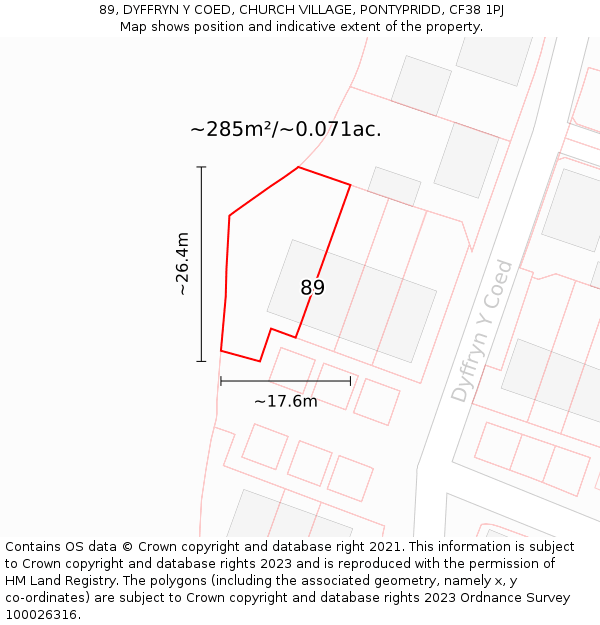 89, DYFFRYN Y COED, CHURCH VILLAGE, PONTYPRIDD, CF38 1PJ: Plot and title map