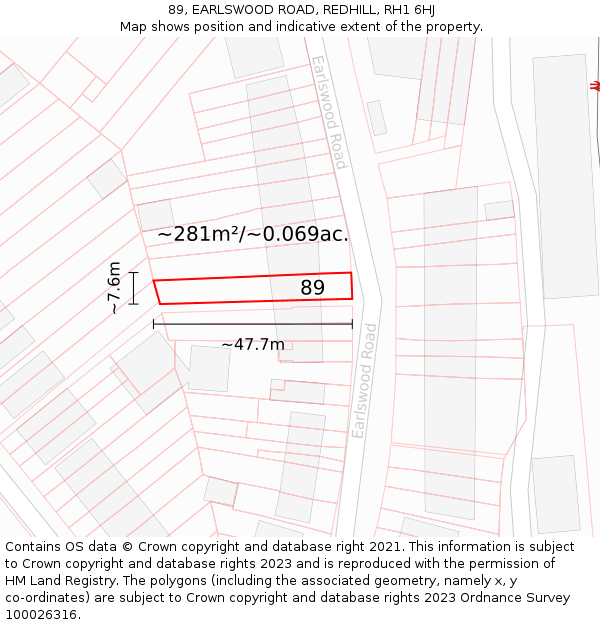 89, EARLSWOOD ROAD, REDHILL, RH1 6HJ: Plot and title map