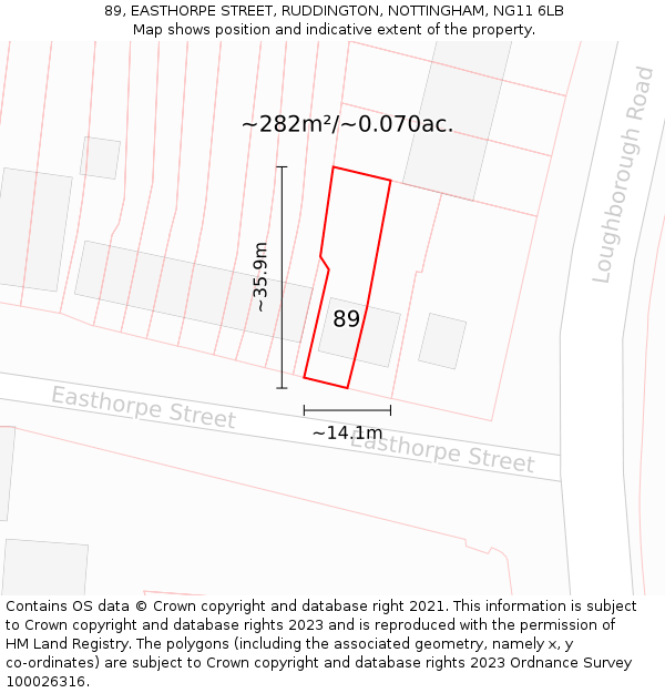 89, EASTHORPE STREET, RUDDINGTON, NOTTINGHAM, NG11 6LB: Plot and title map