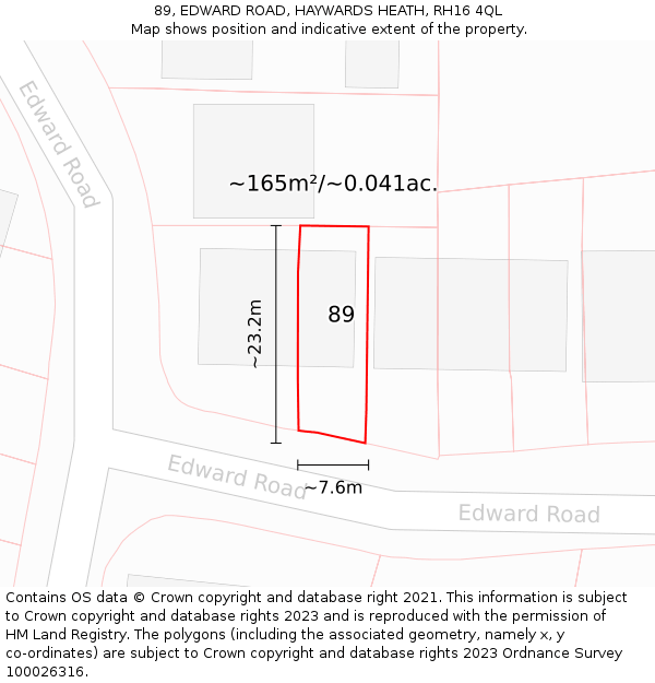 89, EDWARD ROAD, HAYWARDS HEATH, RH16 4QL: Plot and title map