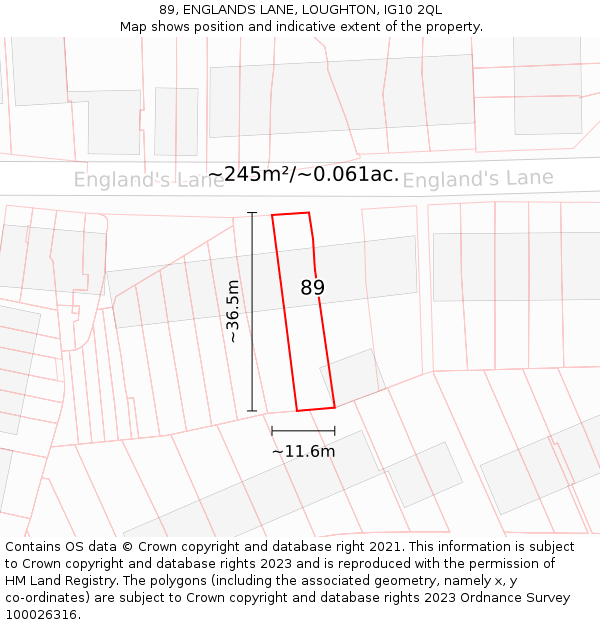 89, ENGLANDS LANE, LOUGHTON, IG10 2QL: Plot and title map