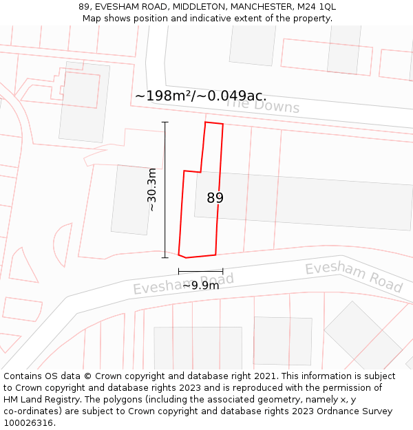 89, EVESHAM ROAD, MIDDLETON, MANCHESTER, M24 1QL: Plot and title map