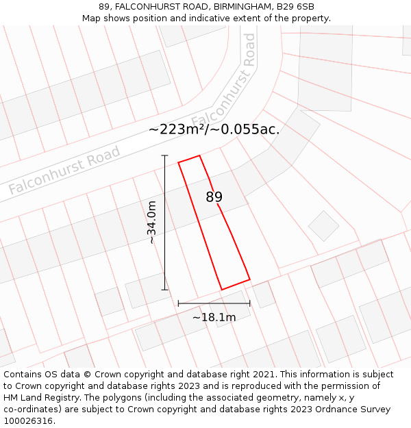 89, FALCONHURST ROAD, BIRMINGHAM, B29 6SB: Plot and title map