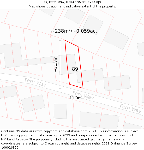 89, FERN WAY, ILFRACOMBE, EX34 8JS: Plot and title map