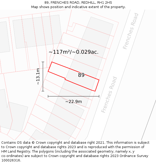 89, FRENCHES ROAD, REDHILL, RH1 2HS: Plot and title map