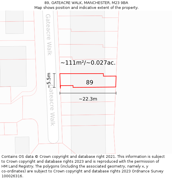 89, GATEACRE WALK, MANCHESTER, M23 9BA: Plot and title map