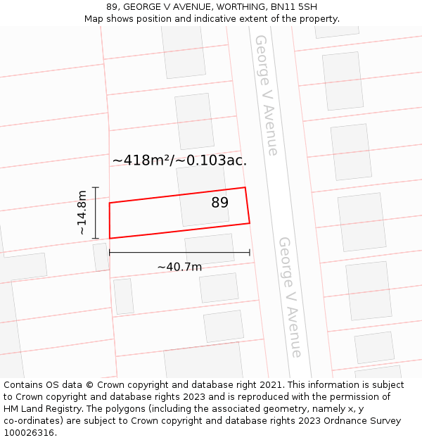 89, GEORGE V AVENUE, WORTHING, BN11 5SH: Plot and title map