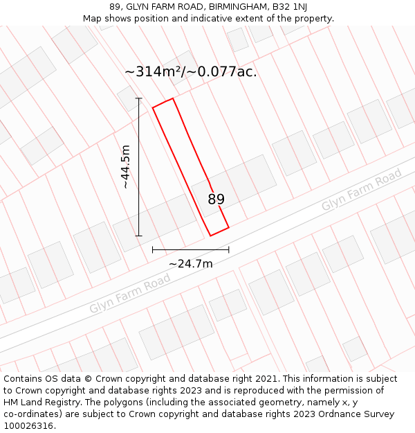 89, GLYN FARM ROAD, BIRMINGHAM, B32 1NJ: Plot and title map