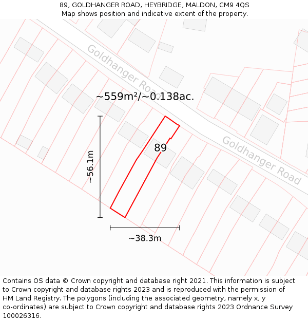 89, GOLDHANGER ROAD, HEYBRIDGE, MALDON, CM9 4QS: Plot and title map