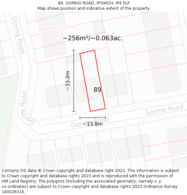 89, GORING ROAD, IPSWICH, IP4 5LP: Plot and title map