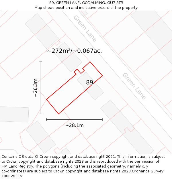 89, GREEN LANE, GODALMING, GU7 3TB: Plot and title map