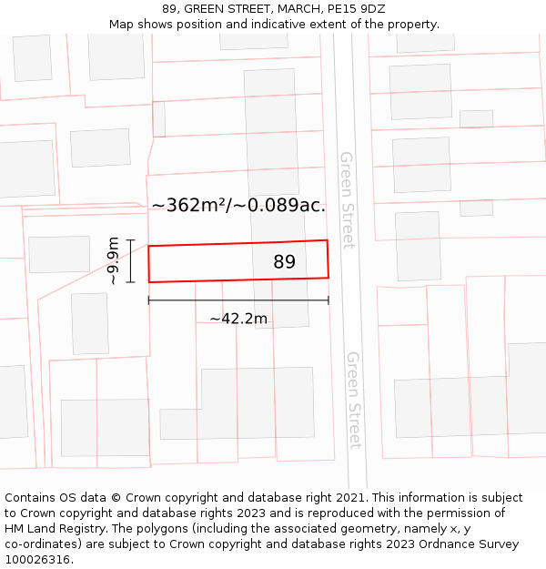 89, GREEN STREET, MARCH, PE15 9DZ: Plot and title map