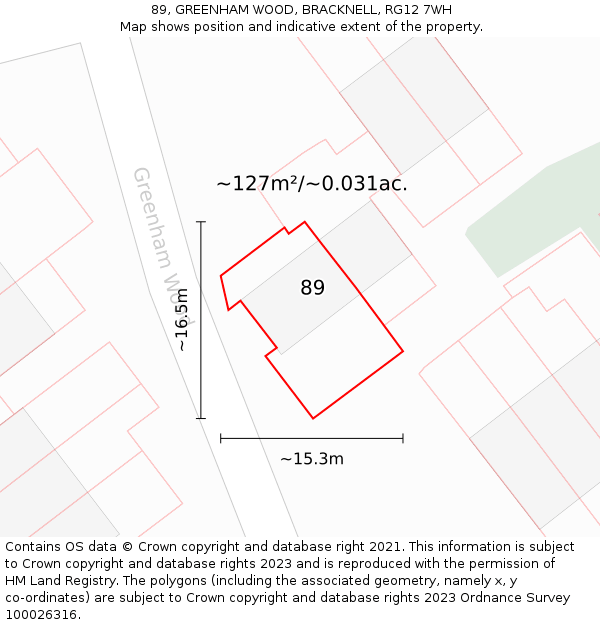 89, GREENHAM WOOD, BRACKNELL, RG12 7WH: Plot and title map