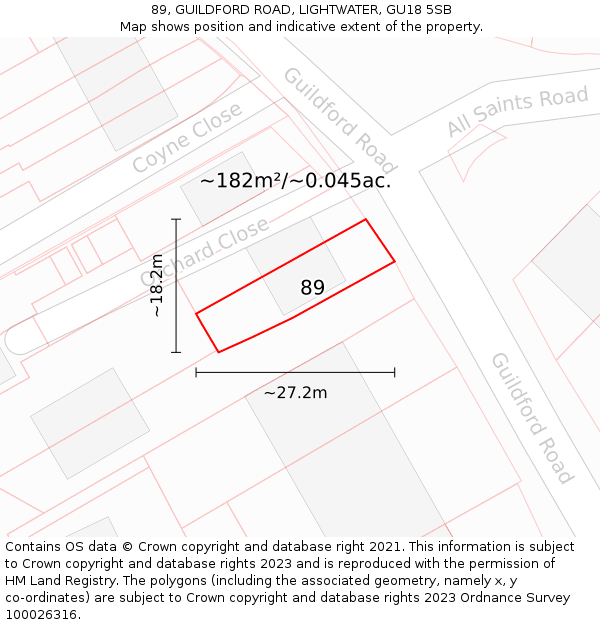 89, GUILDFORD ROAD, LIGHTWATER, GU18 5SB: Plot and title map