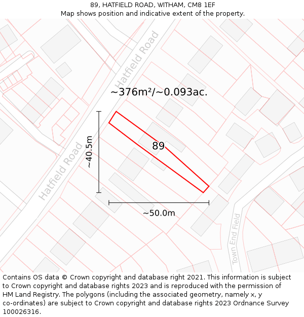 89, HATFIELD ROAD, WITHAM, CM8 1EF: Plot and title map