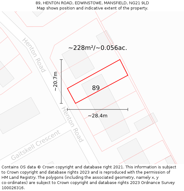 89, HENTON ROAD, EDWINSTOWE, MANSFIELD, NG21 9LD: Plot and title map