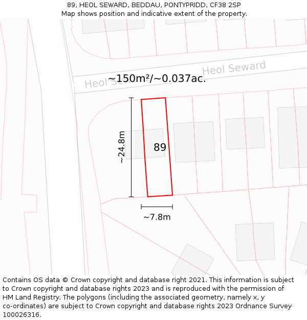 89, HEOL SEWARD, BEDDAU, PONTYPRIDD, CF38 2SP: Plot and title map