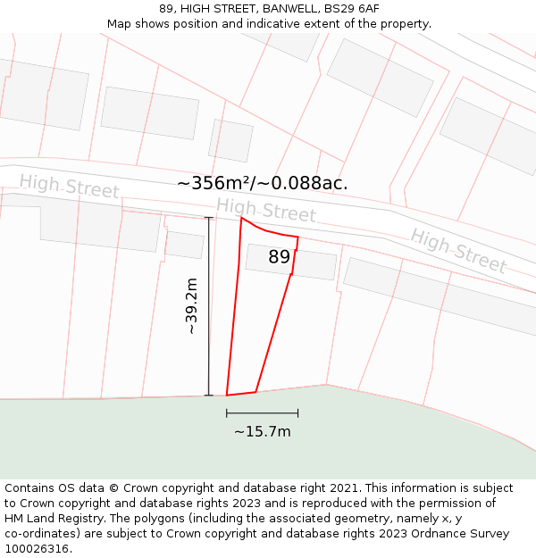 89, HIGH STREET, BANWELL, BS29 6AF: Plot and title map