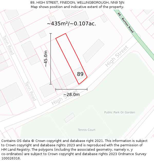 89, HIGH STREET, FINEDON, WELLINGBOROUGH, NN9 5JN: Plot and title map