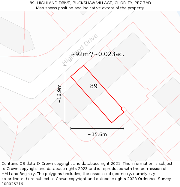 89, HIGHLAND DRIVE, BUCKSHAW VILLAGE, CHORLEY, PR7 7AB: Plot and title map