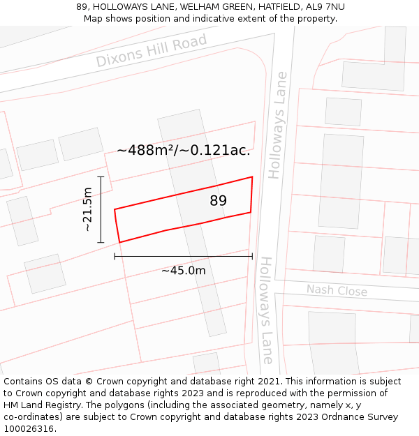 89, HOLLOWAYS LANE, WELHAM GREEN, HATFIELD, AL9 7NU: Plot and title map