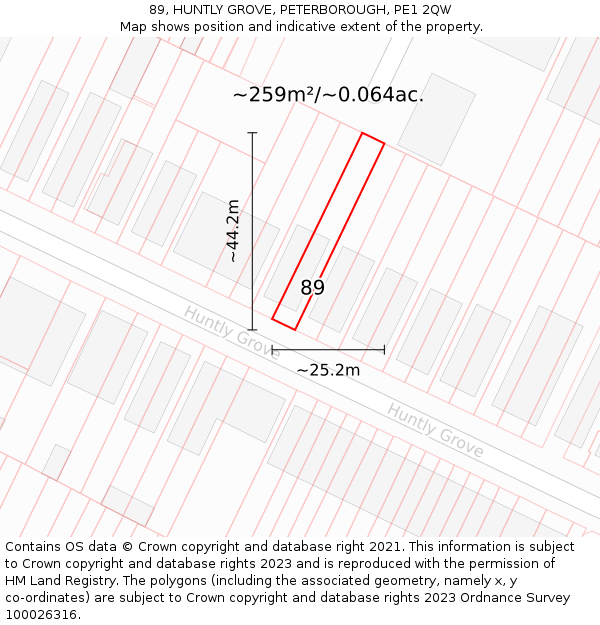 89, HUNTLY GROVE, PETERBOROUGH, PE1 2QW: Plot and title map