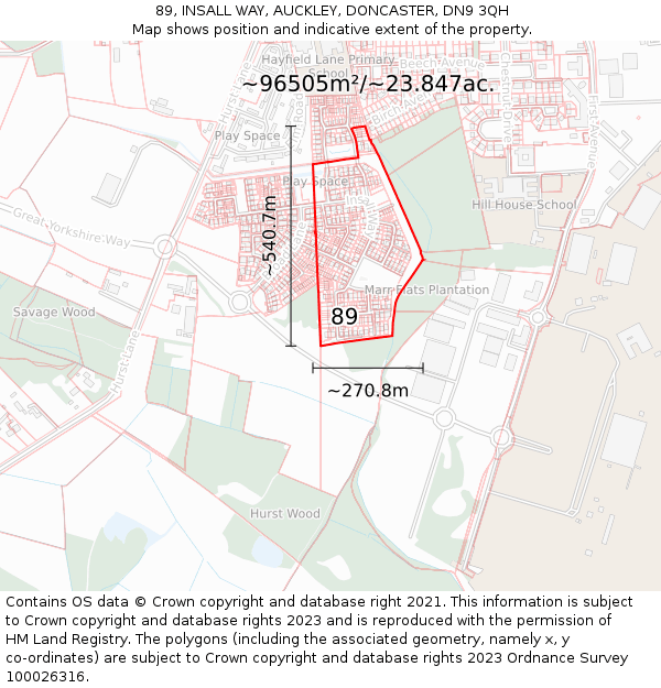 89, INSALL WAY, AUCKLEY, DONCASTER, DN9 3QH: Plot and title map