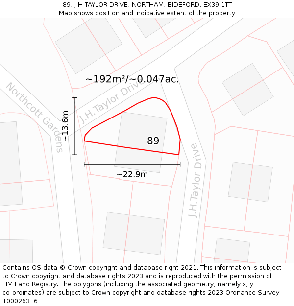 89, J H TAYLOR DRIVE, NORTHAM, BIDEFORD, EX39 1TT: Plot and title map