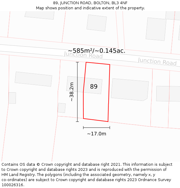 89, JUNCTION ROAD, BOLTON, BL3 4NF: Plot and title map