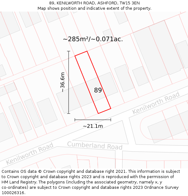 89, KENILWORTH ROAD, ASHFORD, TW15 3EN: Plot and title map